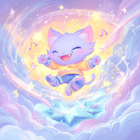 Cute cartoon cat in the starry sky. Vector illustration.の素材