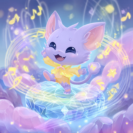 Cute cartoon cat in a yellow dress on the background of magic space. Vector illustration.の素材