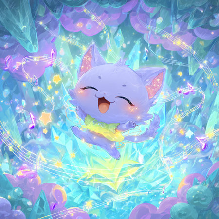 Illustration of a cute cat on a fantasy background with stars.の素材