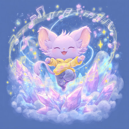 Cute cartoon cat in the clouds with music notes. Vector illustration.の素材