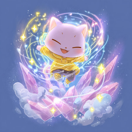 Cute kawaii cat in the night sky with magic lightsの素材