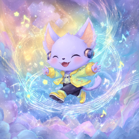 Cute cartoon fox in a yellow raincoat sits on a cosmic background.の素材
