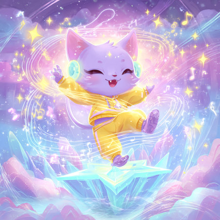 Cute cartoon cat flying in the space with stars, cosmic background. Vector illustration.の素材