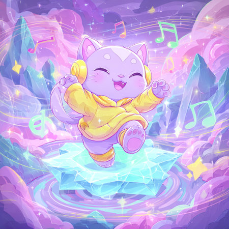 Cute kawaii cartoon cat on the background of the night sky.の素材