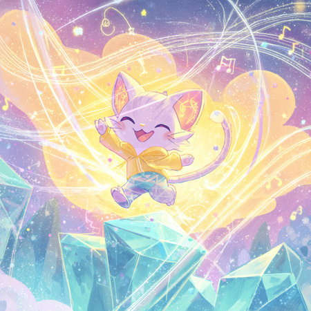 Cute cartoon cat with a bow on a background of magic.の素材