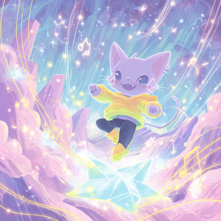 Illustration of a cat in a yellow jacket jumping on a magic backgroundの素材