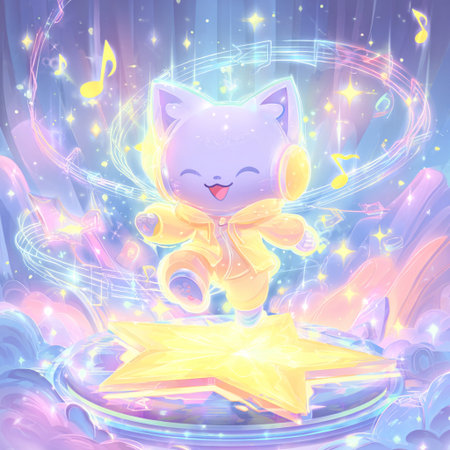 Illustration of a cute pink alien dancing on a cosmic background.の素材