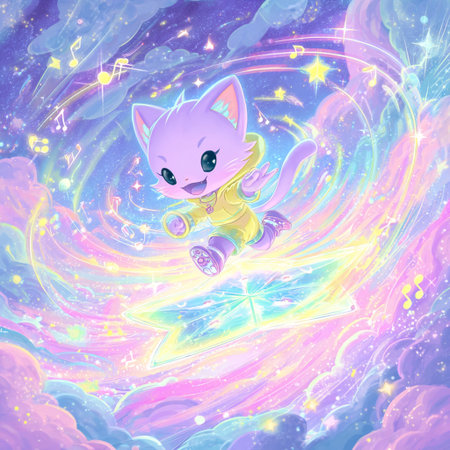 Cute cartoon cat flying in the clouds on a cosmic background.の素材