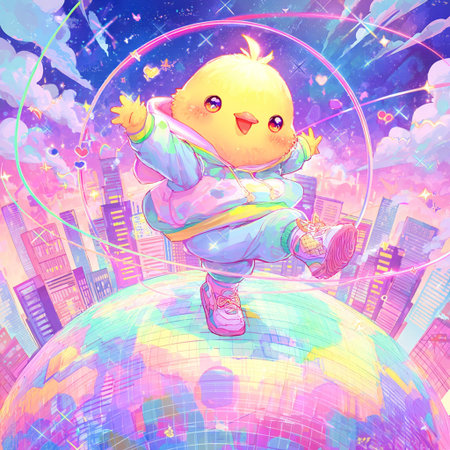 Cute little chick on the background of the planet. Cartoon illustration.の素材