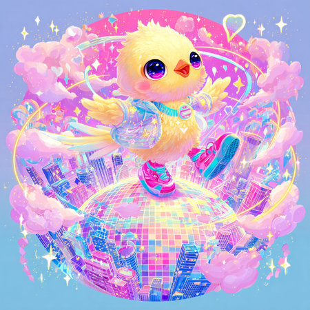 Cute little chick on the top of the globe. Vector illustration.の素材