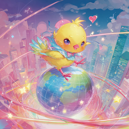Cute little yellow bird on the planet earth. Vector illustration.の素材