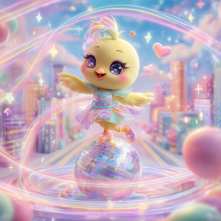 3d illustration of a little girl with a disco ball in the cityの素材