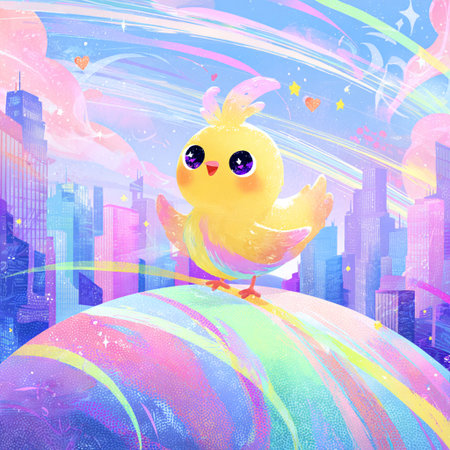 illustration of a little yellow chicken in the city on a rainbow backgroundの素材