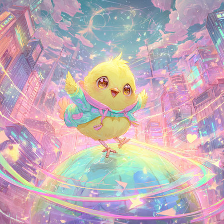cute little chick on a globe in the city. digital paintingの素材