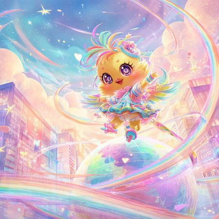 Little girl with wings and a rainbow on the background of the cityの素材