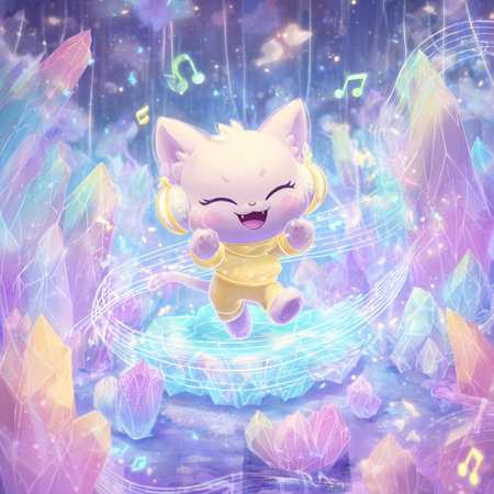 Cute kawaii cartoon cat on a magic background with starsの素材
