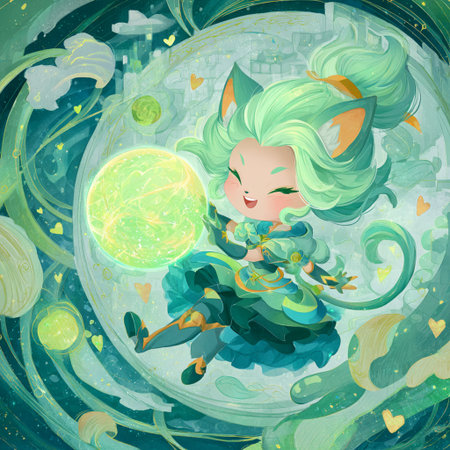 Cute fairy tale girl in green dress with big moon in the backgroundの素材
