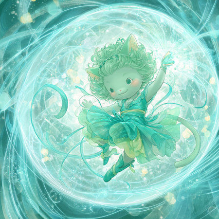 Cute green fairy on a blue background with a circle of light.の素材