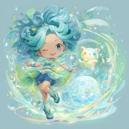 Illustration of a cute little fairy with a cat in her handsの素材