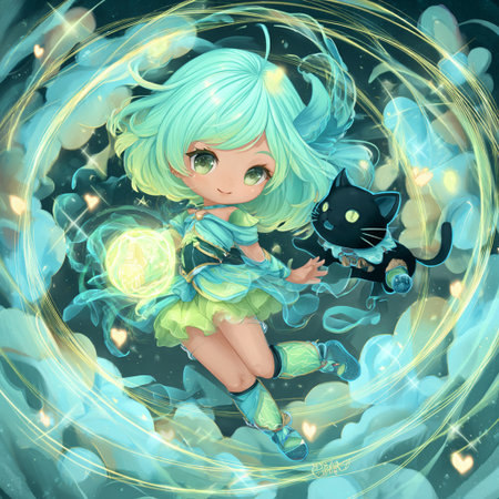 Fantasy illustration of a cute little girl in a green dress with a black cat in her arms.の素材