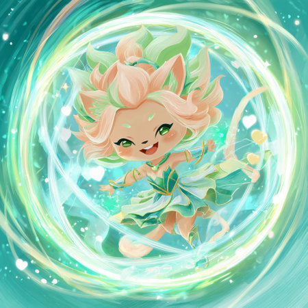 Cute cartoon cupid with flowers on a background of a green circleの素材