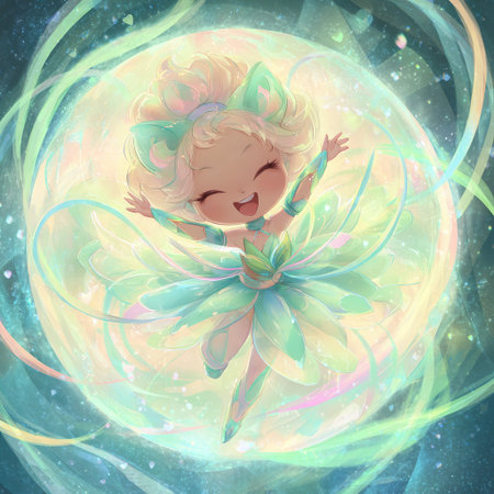 Cute little fairy with magic flower in her hands. Vector illustration.の素材