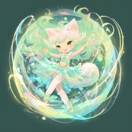 Illustration of a cute fairy with a magic ball on a green backgroundの素材
