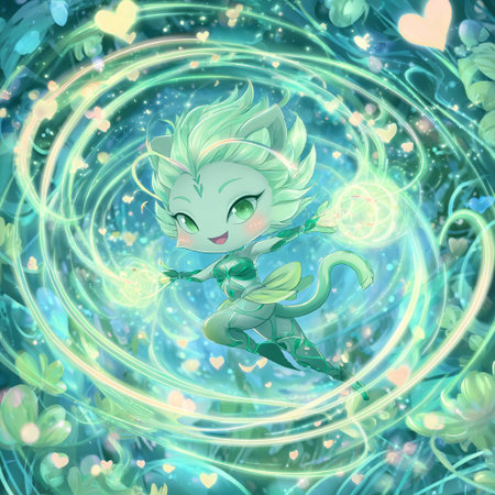 Illustration of a cute green fairy on the background of a magic forestの素材