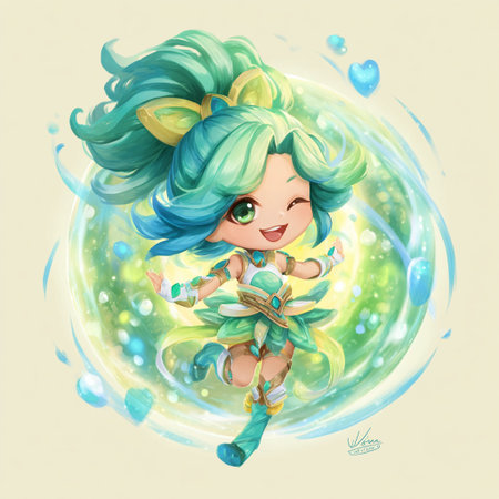 Cute cartoon fairy tale girl with green hair and blue eyes.の素材