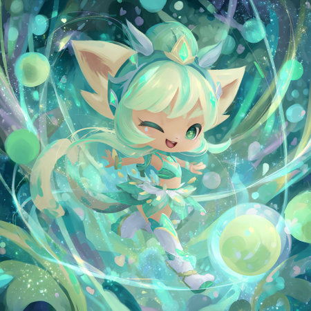 Illustration of a cute cartoon elf on a magical background with starsの素材