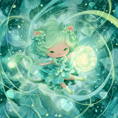 Cute cartoon green fairy with magic ball in the forest. Fantasy illustrationの素材