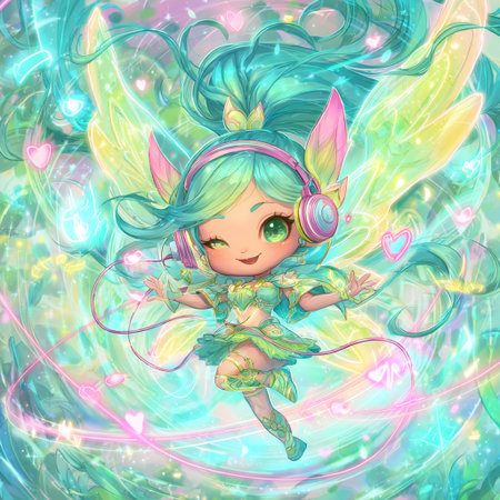 Cute cartoon fairy with headphones listening to music and dancing. Vector illustration.の素材