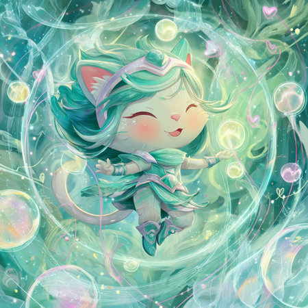 Illustration of a cute little girl with magic wand and fantasy backgroundの素材