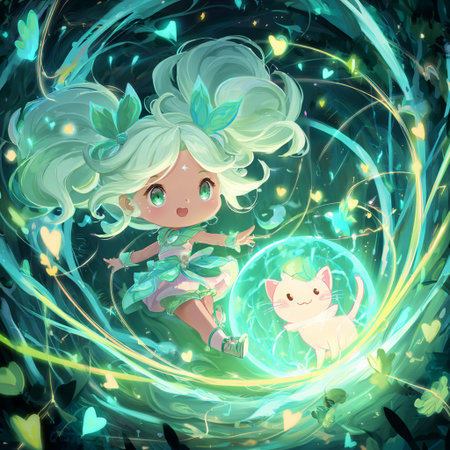 Cute fairy with a cat on a background of green magic.の素材