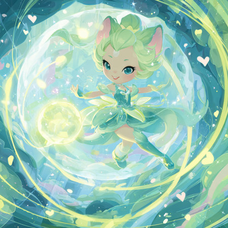 Illustration of a cute little fairy on a background of the planet.の素材