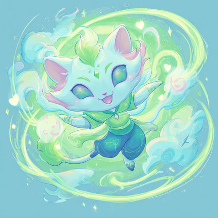 Illustration of a cute cat on a green background with clouds.の素材