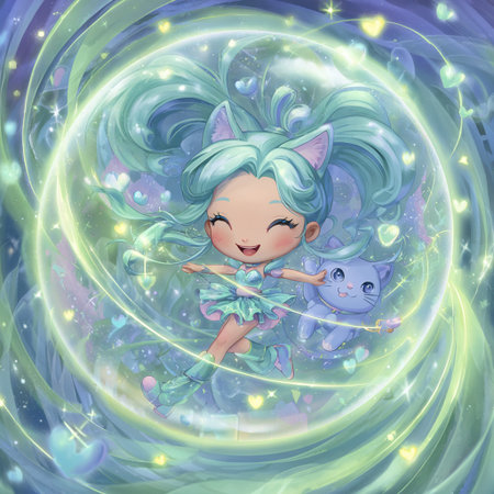 Cute little fairy with a cat in a circle of stars.の素材