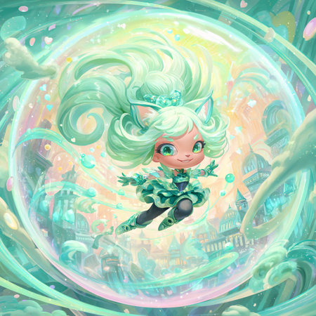 Cute cartoon fairy girl flying in a dreamy landscape. Vector illustration.の素材