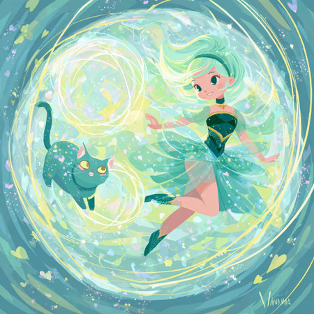 Cute little girl flying in the space. Cartoon vector illustration.の素材