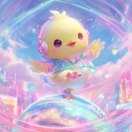 Cute little chick with headphones on the background of the planet earth.の素材