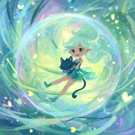 Cute little girl with a cat in a magic ball. Vector illustration.の素材