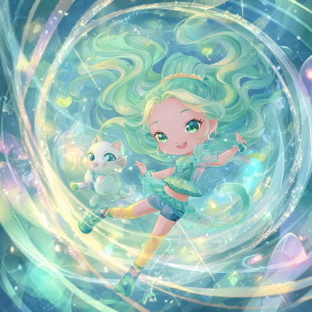 Beautiful magic fairy girl with a cat in her arms. Vector illustration.の素材