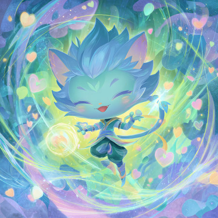 Fantasy illustration of a blue fox with a wreath of flowersの素材