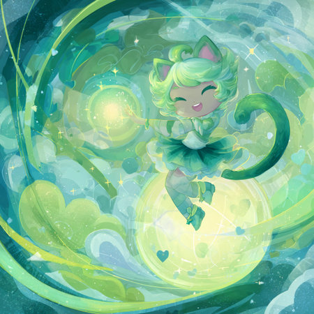 Illustration of a cute green fairy on a magic ball with starsの素材