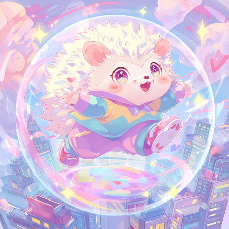 Cute hedgehog flying in the night city. Vector illustration.の素材