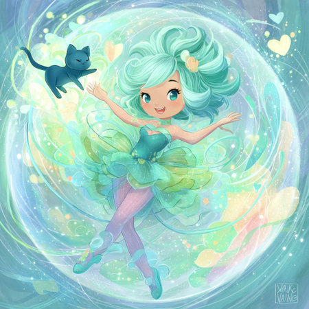 Cute fairy with a cat on a background of the moon.の素材