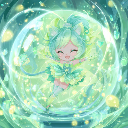 Cute little green fairy girl with a bouquet of flowers. Vector illustration.の素材