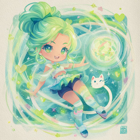 Cute little girl with green hair sitting on a swing. Watercolor illustration.の素材