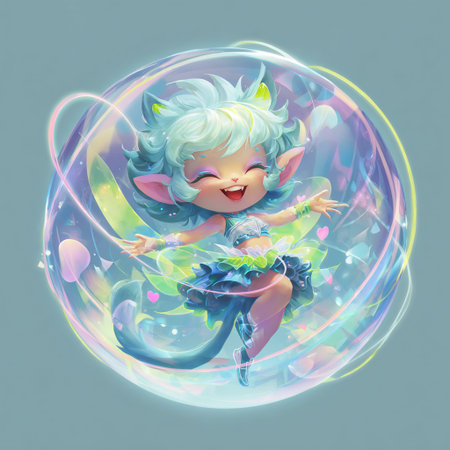 Illustration of a little fairy in a crystal ball on a blue backgroundの素材