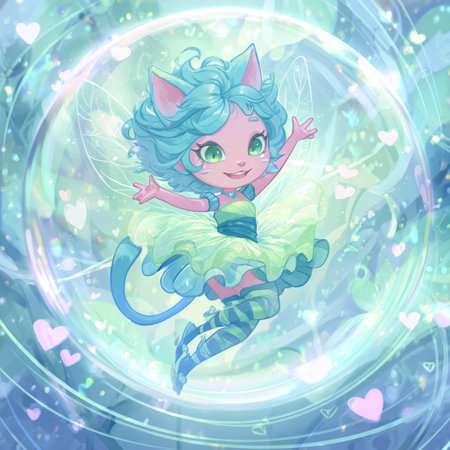 Cute cartoon fairy in a blue dress on a background of magic circlesの素材